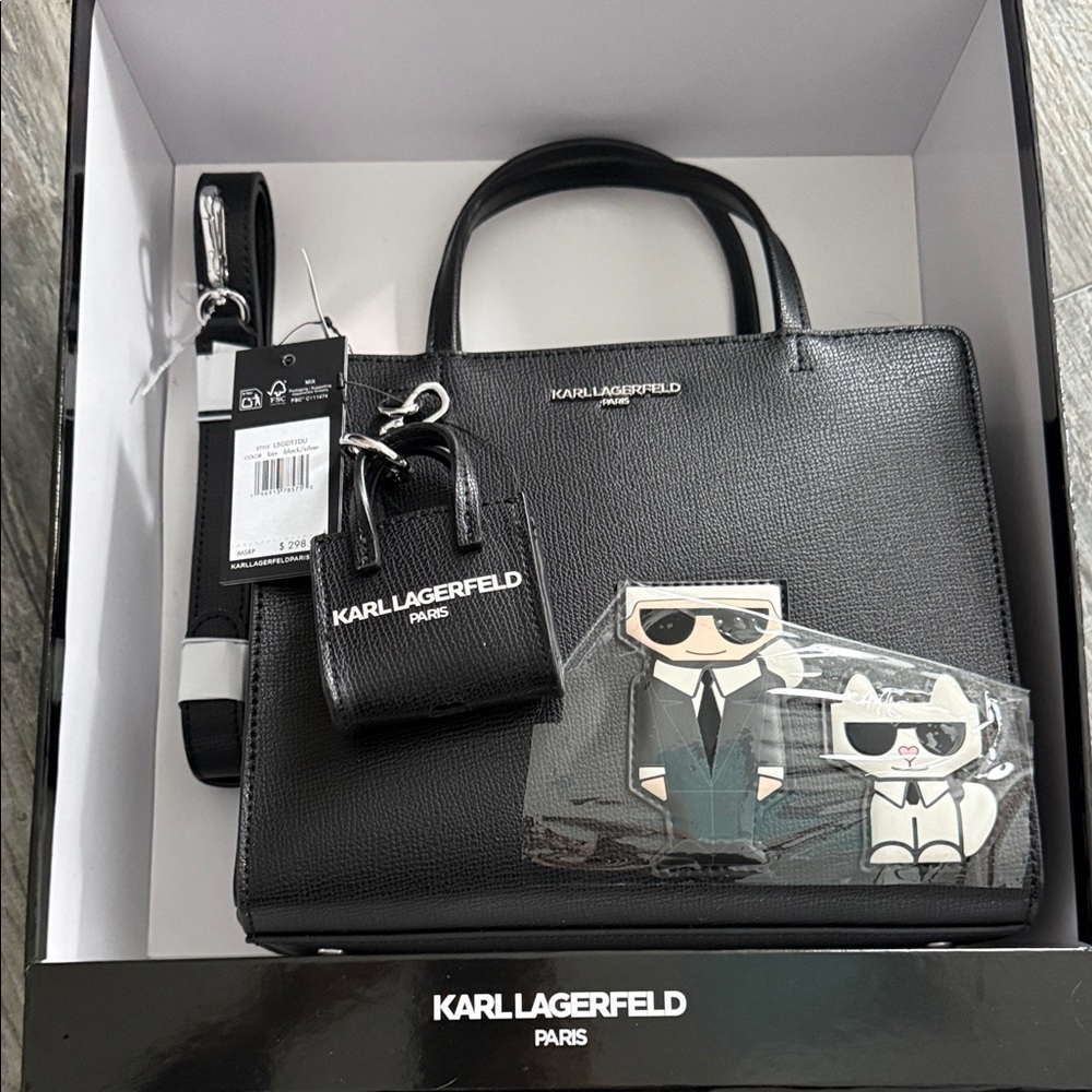 Karl Lagerfeld Satchel Box Set with Iconic Graphics and airpod charm NWT $298